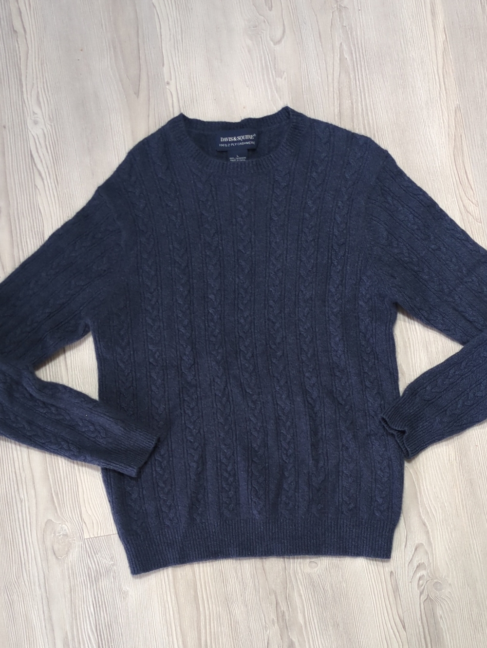 Davis & Squire Men's L 100% 2-Ply Cashmere Navy Cable Knit Crewneck Sweater